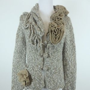 HWR ANTHROPOLOGIE RUFFLE tweed marled brown gray  alpaca wool sweater cardigan S